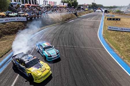 Lauri Heinonen and Conor Falvey compete during the fifth stop of the Drift Masters European Championship at the Raboscring in Mariapocs, Hungary, on August 24, 2024. 