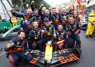 Race winner Max Verstappen of the Netherlands and Oracle Red Bull Racing celebrates with his team after the F1 Grand Prix of Monaco at Circuit de Monaco on May 28, 2023 in Monte-Carlo, Monaco.