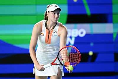 Kazakhstan's Elena Rybakina serves at the WTA Ningbo Open tennis tournament.