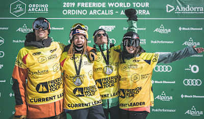 An image of Markus Eder, Arianna Tricomi, Victor De Le Rue and Marion Haerty on a podium in Andorra.