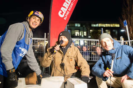 Nico Porteous and the judges at the Rail Jam.