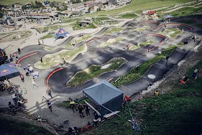 A overhead view of the Pump Track at Leogang Bike Park.