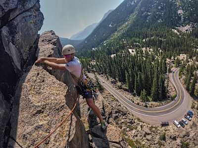 Climber holds on as they manoeuvre a corner in Aspen, Colorado.