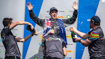 Team members of Matt Hall Racing celebrate during the World Championship Award Ceremony at the fourth round of the Red Bull Air Race World Championship at Chiba, Japan on September 8, 2019.