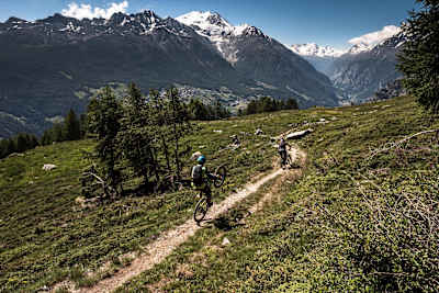 MTB rider Ludo May and Yann Guigoz descend from Moosalp, Switzerland on June 26, 2018.
