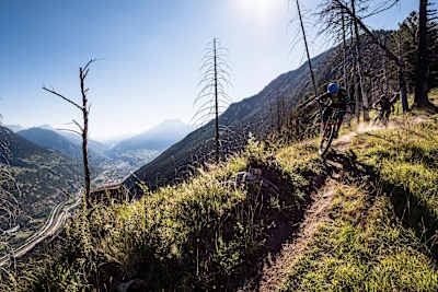 MTB ridersLudo May and Yann Guigoz ride a trail from Visperterminen to Visp, Switzerland on June 27, 2018.