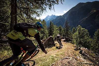 MTB riders Ludo May and Yann Guigoz ride the descent from Hannnigalp to Graechen on June 26, 2018.