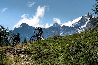 MTB riders Ludo May and Yann Guigoz ride trails at Moosalp on June 26, 2018.