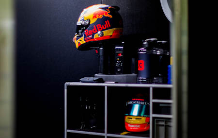 Alex's Helmet On A Stand In His Driver's Room