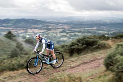 Evie Richards rides her mountain bike in Malvern, United Kingdom on August 14, 2019.