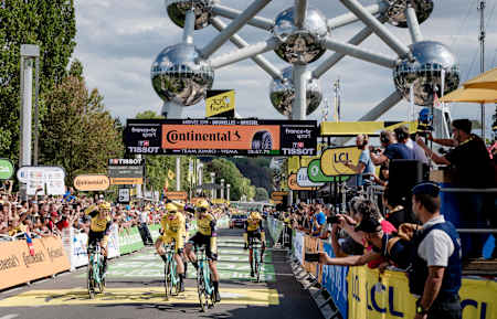 Wout van Aert racing as part of Team Jumbo-Visma at the team trial event at the Tour de France in  2019.