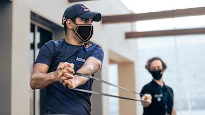Indian racer Jehan Daruvala trains and warms up before a race at the Yas Marina Circuit in Abu Dhabi.