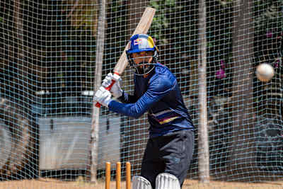 Indian cricket batsman KL Rahul pays a shot during a practice match.
