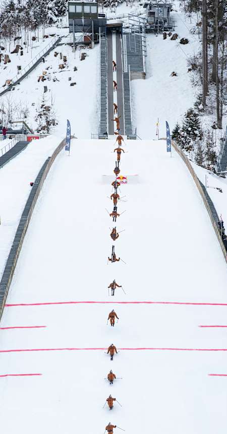 Fabian Bösch of Switzerland performs a Double Front Flip down the Gross-Titlis-Schanze ski jump in Engelberg, Switzerland on December 31, 2020.