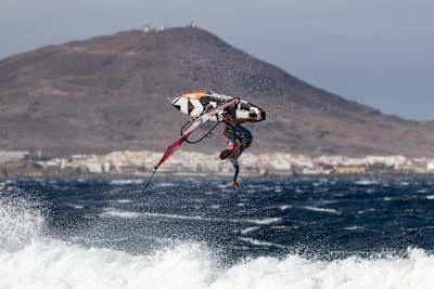 Windsurfer Daida Ruana performs during the Gran Canaria PWA World Cup in Pozo Izquierdo, Gran Canaria.