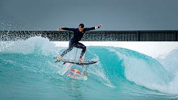 Julian Wilson photographed while surfing at the URBNSURF wave pool in Melbourne during his The Rail Project.