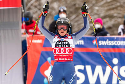 Sofia Goggia celebrates her second downhill win of the weekend in Crans-Montana, Switzerland.