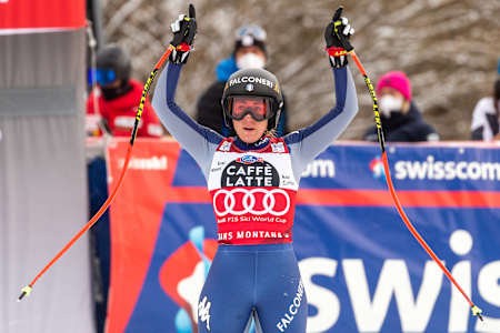 Sofia Goggia celebrates her second downhill win of the weekend in Crans-Montana, Switzerland.