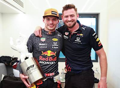 Max Verstappen of Red Bull Racing celebrates with performance coach Bradley Scanes after winning the F1 Grand Prix of France at Circuit Paul Ricard on June 20, 2021 in Le Castellet, France. 