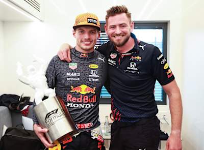 Max Verstappen of Red Bull Racing celebrates with performance coach Bradley Scanes after winning the F1 Grand Prix of France at Circuit Paul Ricard on June 20, 2021 in Le Castellet, France. 
