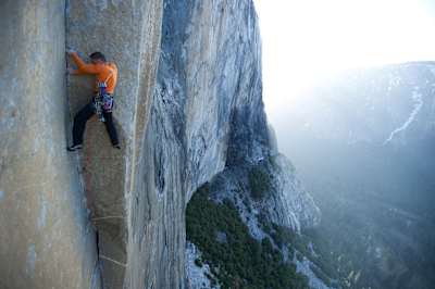 Climber Tommy Caldwell on the Mescalito route on El Capitan in Yosemite National Park, California.