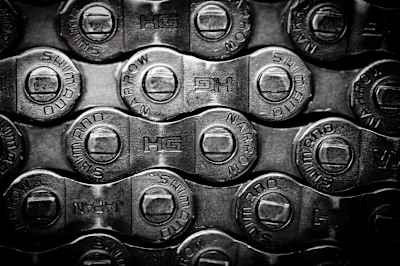 Close up image of bike chains.