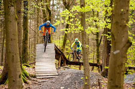 Mountainbiker fahren über Holz-Trail in Kreuzberg (Rhön)