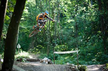 Description Mirco Montagni performing at Lake Garda Bike Park, Italy on June 15, 2018.