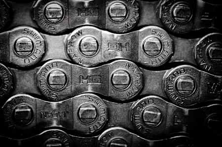 Close up image of bike chains.