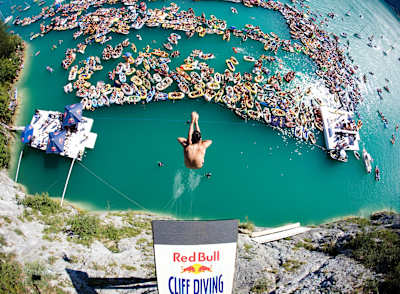 Orlando Duque cliff diving during the Red Bull Cliff Diving World Series at Lake Wolfgangsee in 2008.