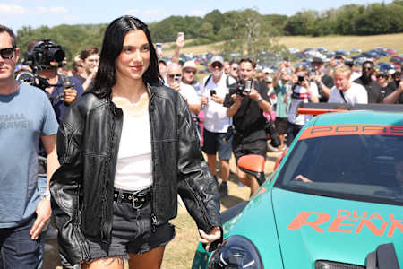 Dua Lipa at the 2025 Goodwood Festival of Speed with the Renstall porsche 911 GT3 RS.