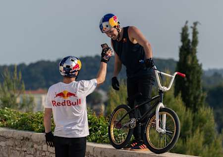 Daniel Dhers and Marin Ranteš are seen during Red Bull BMX Maze in Rovinj, Croatia, on June 9, 2021.