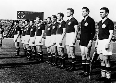 Hungary players line-up for the national anthem ahead of their clash against England at Wembley on November 25, 1953.