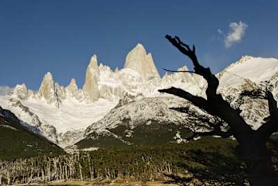 Snow covers the Fitz Roy Mountain massif