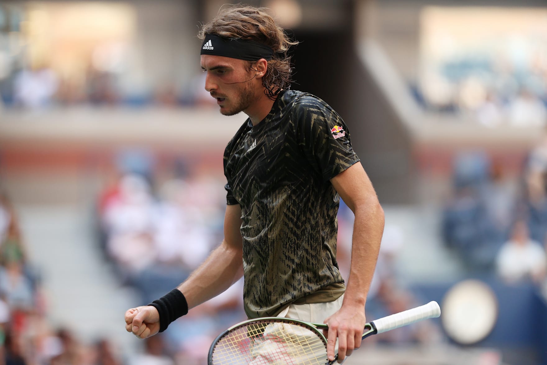 Stefanos Tsitsipas reacts against Andy Murray during their men's singles first round match at the 2021 US Open at the Billie Jean King National Tennis Center on August 30, 2021 in New York City.