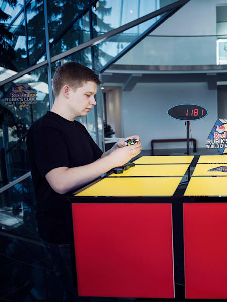 Philip Weyer and Sebastian Weyer perform during a shoot at the Red Bull Rubik’s Cube World Championship demonstration in Fuschl, Austria on October 14th, 2017.