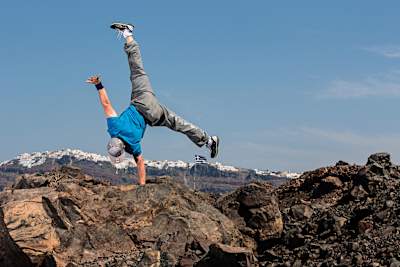 Ryan Doyle performing during a practice session in Santorini.