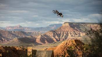 Andreu Lacondeguy rides in practice during Red Bull Rampage in Virgin, Utah, USA on September 28, 2014.