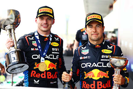 Max Verstappen and Sergio Pérez of Oracle Red Bull Racing at the Japanese Grand Prix on April 7, 2024.