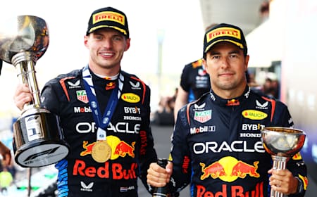 Max Verstappen and Sergio Pérez of Oracle Red Bull Racing at the Japanese Grand Prix on April 7, 2024.