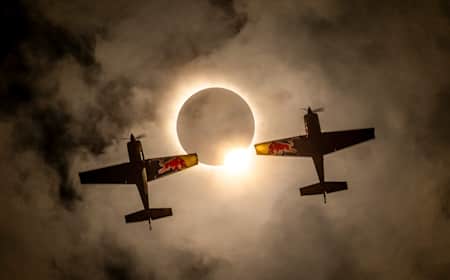 Kevin Coleman and Pete McLeod fly across the Total Solar Eclipse in Sulpher Springs, Texas, USA on April 8, 2024. 