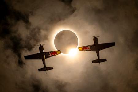 Kevin Coleman and Pete McLeod fly across the Total Solar Eclipse in Sulpher Springs, Texas, USA on April 8, 2024. 