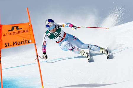American ski racer Lindsey Vonn races to the Bronze medal at the 2017 FIS Ski World Championships Downhill in St. Moritz, Switzerland on February 12, 2016