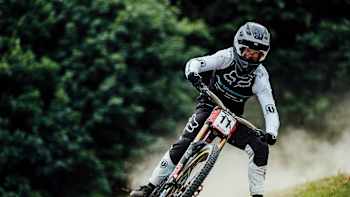 Laurie Greenland beim UCI DH World Cup in Les Gets, Frankreich am 13. Juli 2019.
