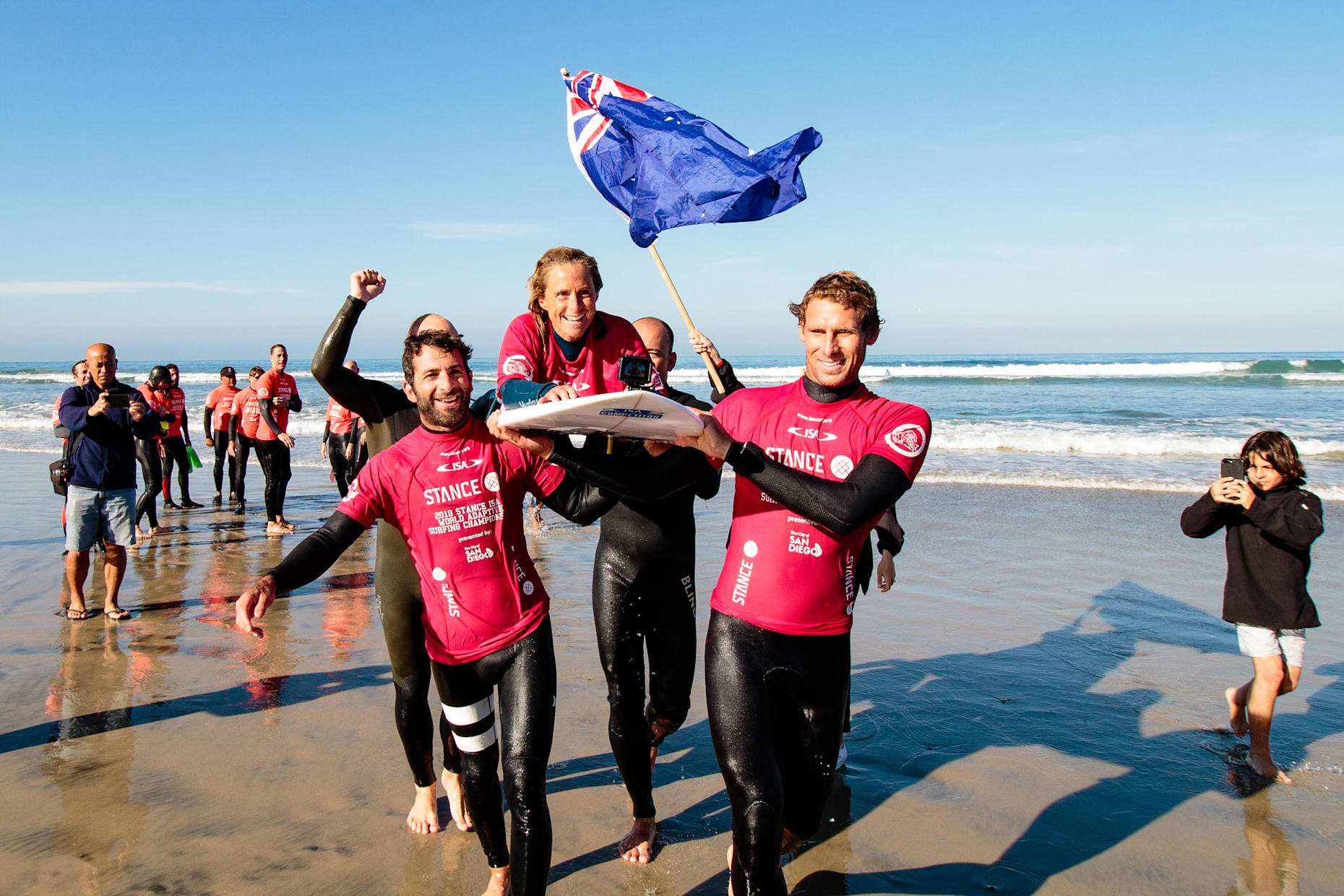 Australia's Sam Bloom pictured celebrating after winning the 2018 Para Surfing World Championships in California, USA.