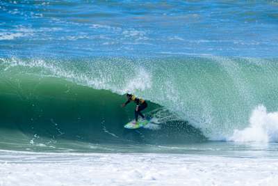 Jack Robinson rides the barrel at Supertubos in Portugal.