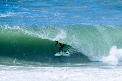Jack Robinson rides the barrel at Supertubos in Portugal.
