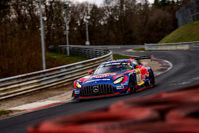 Max Verstappen drives an AMG Mercedes in Red Bull colours at ADAC Nürburgring Langstrecken-Serie in March 2026.