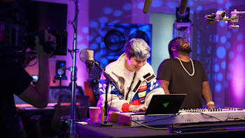 Caption/Description: T-Pain and Danny Wolf remix together during Red Bull Remix Lab in Atlanta, Georgia on June 19, 2019.