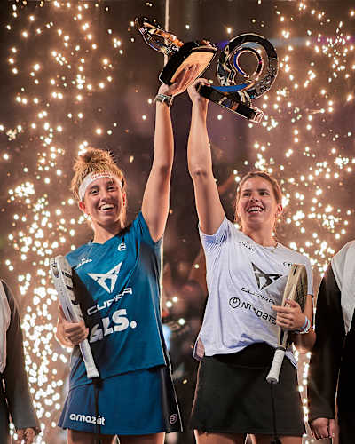 Beatriz Gonzalez and Delfina Brea celebrate the win of the Dubai Premier Padel P1 in Dubai, United Arab Emirates on November 10, 2024.